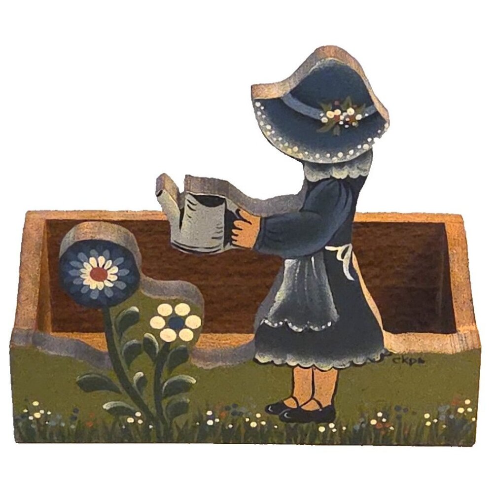 Girl on Wood Business Card Holder Vintage Garden Hand Painted Signed Bonnet
